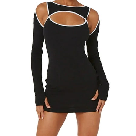 

Coduop Women s Bodycon Mini Dress Long Sleeve Round Neck Cold Shoulder Hollow Out Dress