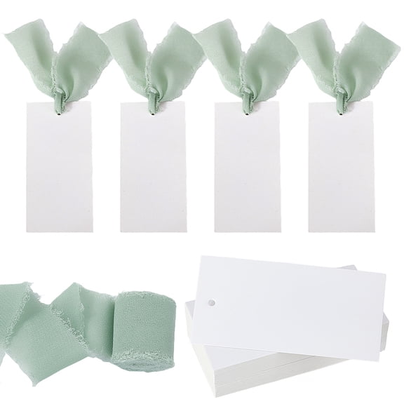 50 Pcs Name Place Cards for Table Setting 3.93 x 1.97 Inch Blanks Place Cards Gift Tags with Green Fringe Ribbon Table Name Cards