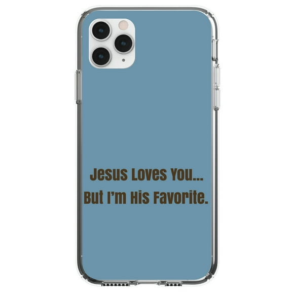 DistinctInk Clear Shockproof Hybrid Case for iPhone 13 (6.1" Screen) - TPU Bumper, Acrylic Back, Tempered Glass Screen Protector - Jesus Loves You… But I'm His Favorite - Love of Christ