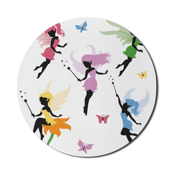 Fantasy Mouse Pad for Computers, Pixie Elf Fairies Flying with Butterflies Girls Princess Flowers Design, Round Non-Slip Thick Rubber Modern Gaming Mousepad, 8" Round, Multicolor, by Ambesonne