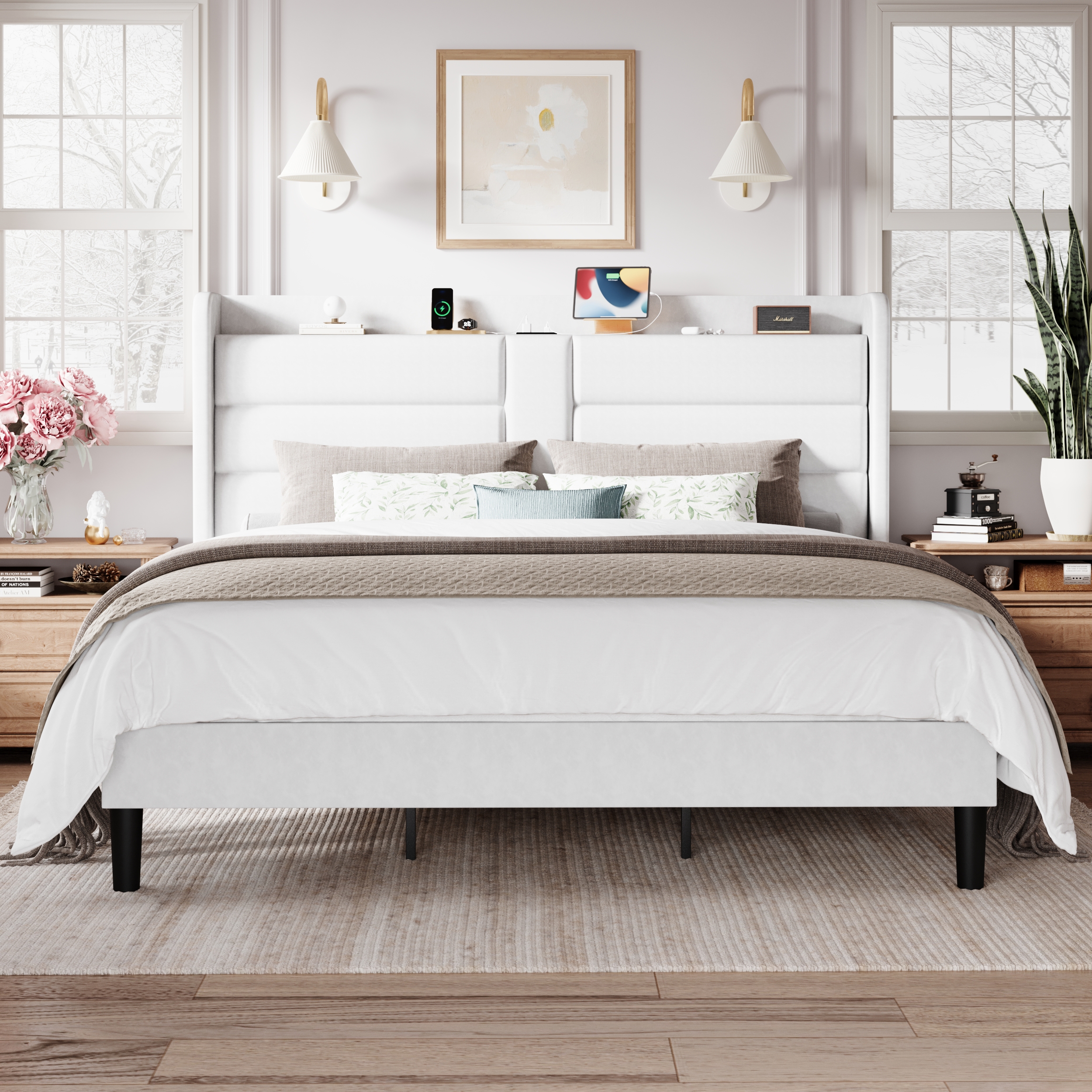 Amolife King Size Upholstered Platform Bed Frame with Velvet Wingback Headboard & USB Charging Ports, No Box Spring Needed, White