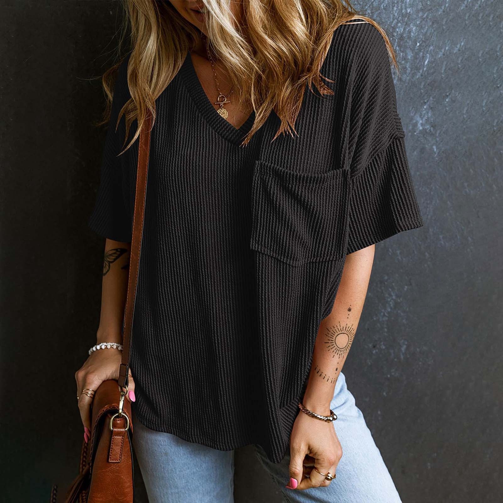 Womens Summer Tops Casual V Neck Short Sleeve T-Shirts Loose Fit Solid Color Tunic Pullover Tops Basic Tee Shirts Black