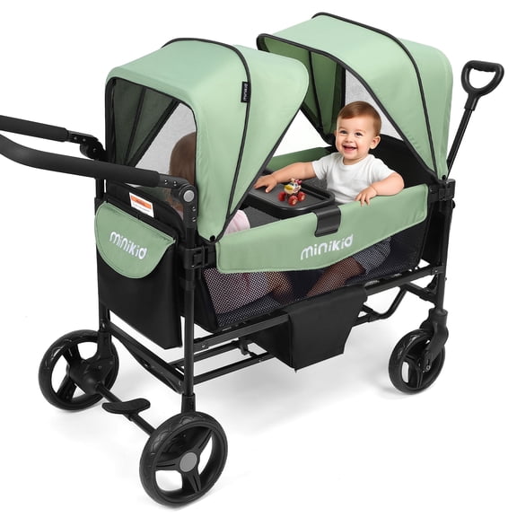 Minikid Baby Stroller Wagon for 2 Kid,Push Wagon Stroller with Canopy,Removable Dinner Plate, 5-Point Harness,Adjustable Handle Bar,Green