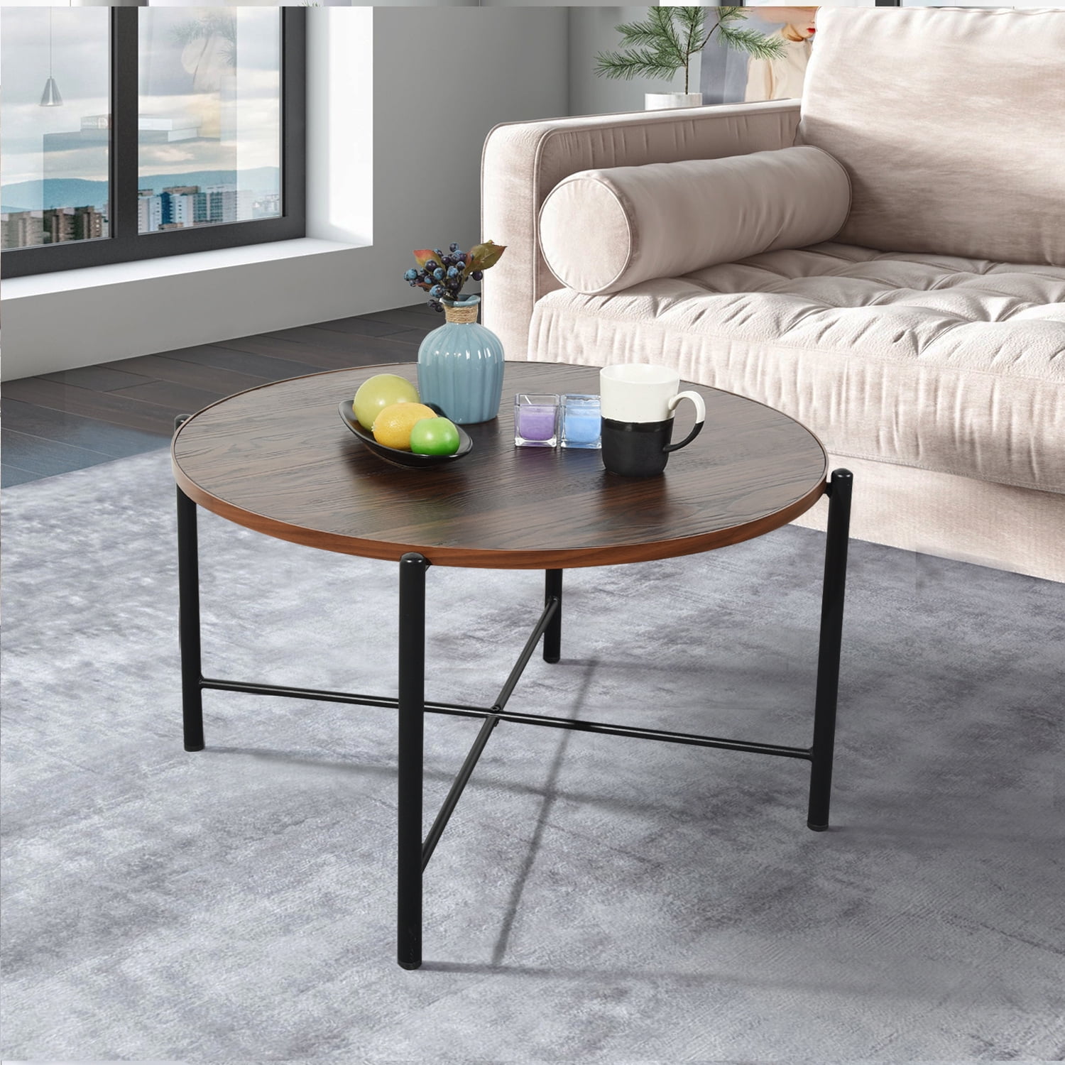 Kepooman Round Coffee Table, Rustic Wooden Surface Top & Sturdy Metal Legs Industrial Sofa Table for Living Room Modern Design Home Furniture Kepooman Round Coffee Table, Rustic Wooden Surface Top & Sturdy Metal Legs Industrial Sofa Table for Living Room Modern Design Home Furniture