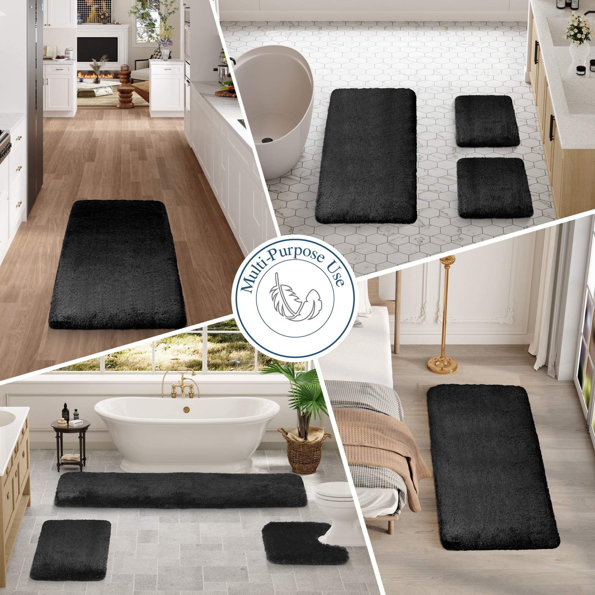 Walensee Shag Bath Rug, Non Slip Bath Mat for Bathroom, 24"x36", Black, Machine Wash