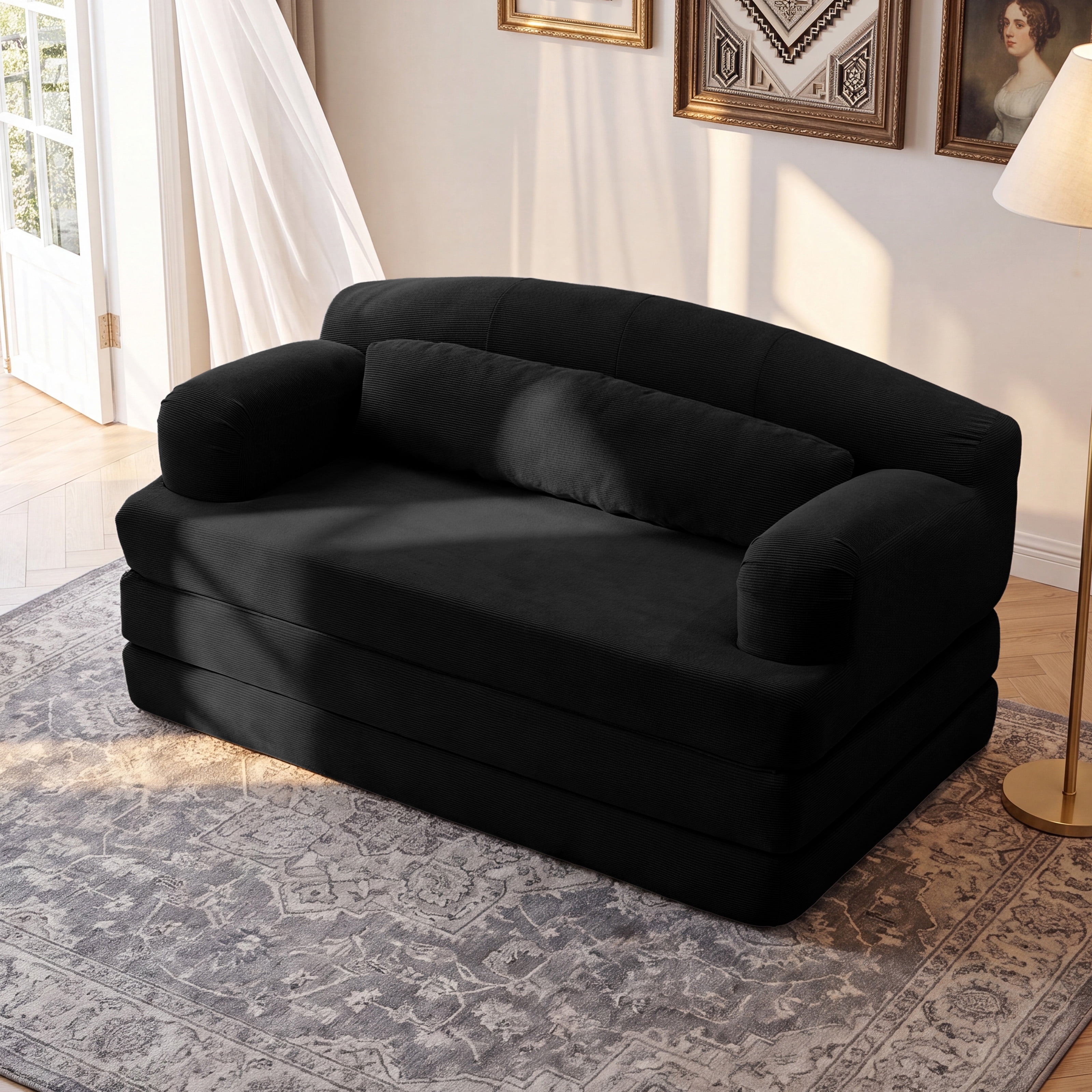 Leumius Futon Sofa Bed, Convertible Sofa Bed,Folding Boneless Couches,Low-Profile Boneless Couch for Living Room,15.8" H Low Seat Small 57" Foldable Floor Sleeper Mattress Lounge Space‑Saving,Black