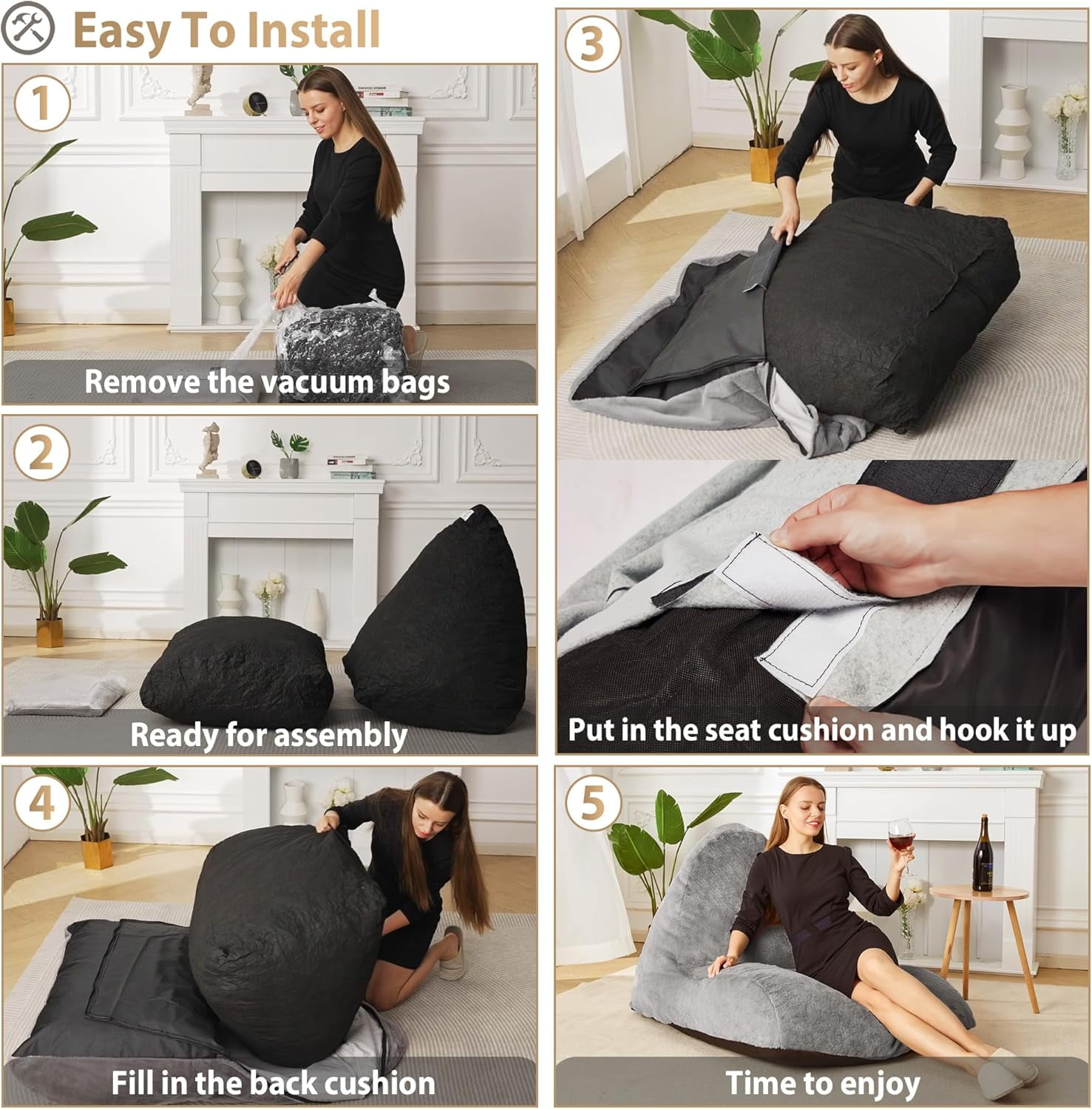 Bean Bag Chair Sofa Memory Foam Pre-Filled Bean Bag Chairs Stuffed Beanbag Sofa Lazy Bean Bag Sofa for Adults, Bean Bag Couch for Gaming, Reading & Relaxing(Faux Fur, Light Grey)