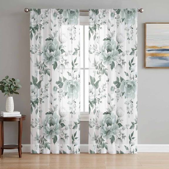 Teal Spring Floral Sheer Curtains 96 Inch Length 2 Panels Set, Pastoral Flowers Watercolor Voile Window Treatment Semi Sheer Long Curtains Drapes for Bedroom/Living Room/Kitchen 52"x96"x2