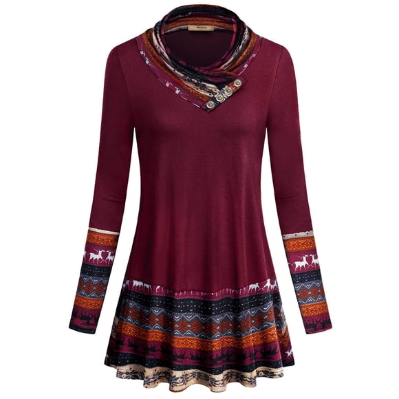 Sudadera tipo túnica Miusey para mujer, cuello vuelto, estampado de renos, color rojo vino