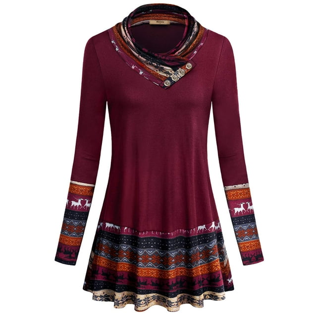 Sudadera tipo túnica Miusey para mujer, cuello vuelto, estampado de renos, color rojo vino