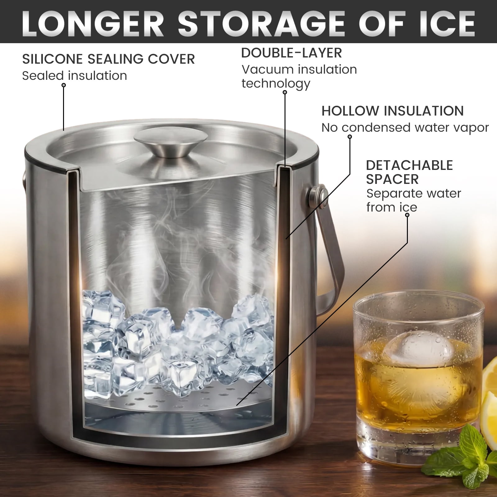 Stainless Steel Ice Bucket - 3 Quart (3L) Double-Wall Insulated Ice Buckets for Parties with Lid Scoop Strainer & Handle Beverage Large Champagne Wine Drink Container Holder Ideal