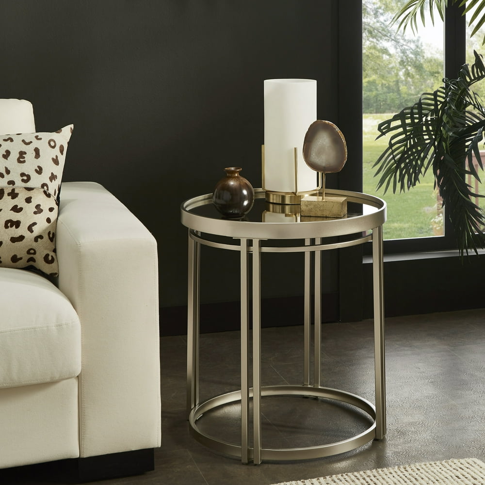 Weston Home Glenn Champagne Silver Round Antique Mirror Top End Table