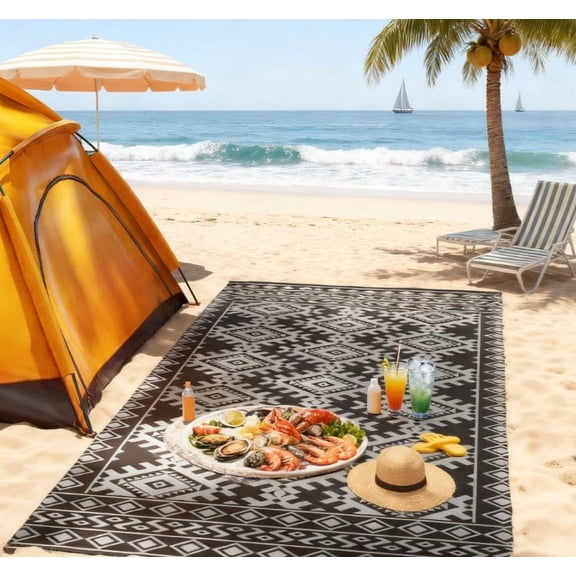 9' x 18' Black & Gray Rhombus Border Reversible Outdoor Rug, Waterproof Patio Camping Mat with Carry Bag, Foldable Portable RV Carpet