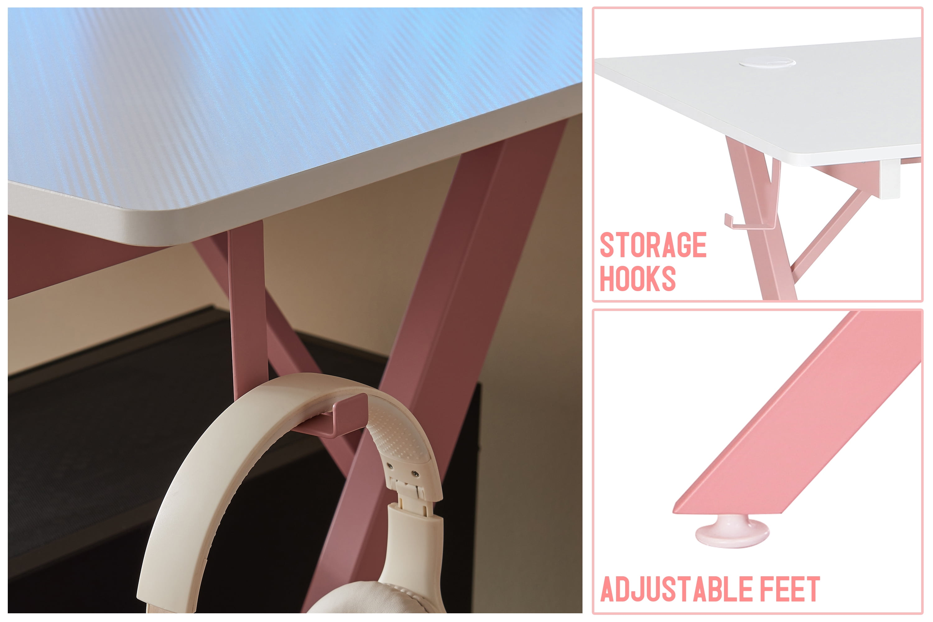 JJS Game Table 63 ", carbon fiber surface computer table, mouse pad, ergonomic e-sports style game table, dual headphone hooks, White pink