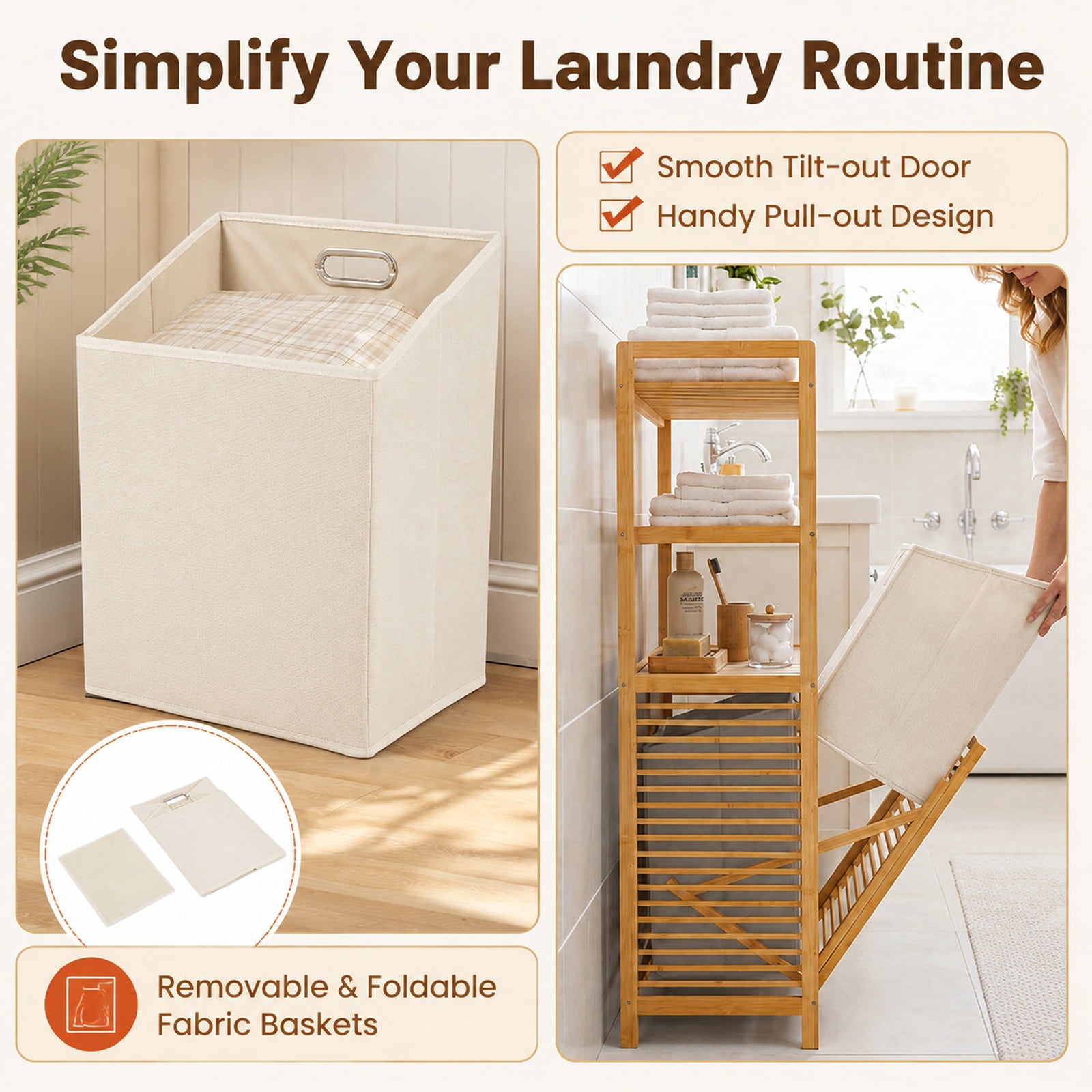 Vebreda Laundry Hamper with 2 Removable 7-Gallon Baskets, Double Tilt-Out Laundry Hamper Cabinet with 3 Open Shelves, Natural Bamboo