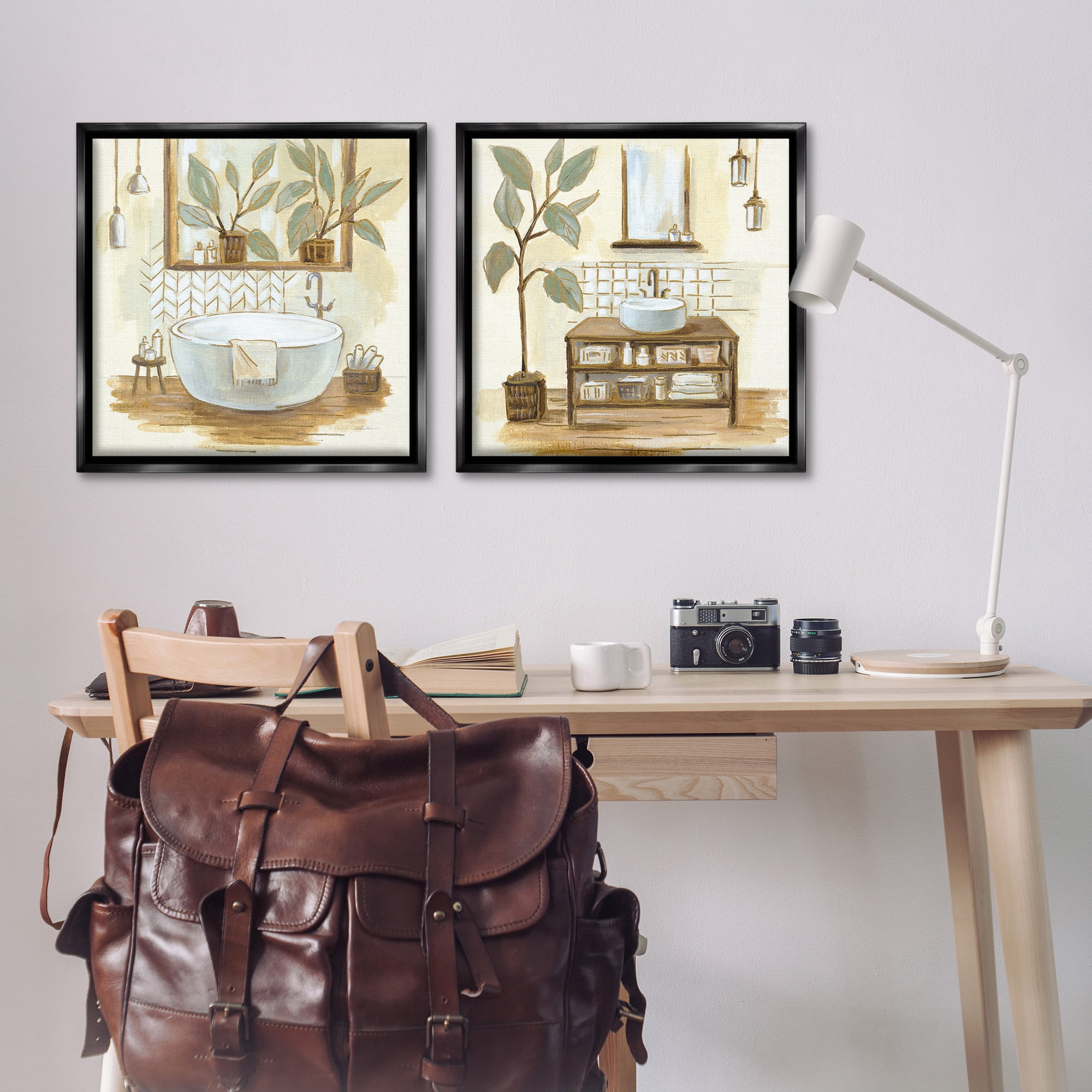 Stupell Industries Sage Green Bathroom Interiors Botanical & Floral Painting Black Floater Framed Canvas Art Print Wall Art, 25 x 25, Set of 2