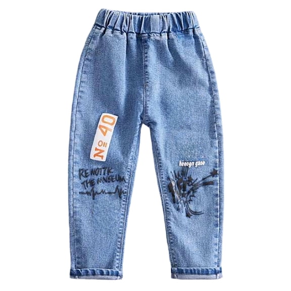 Curuila Kids Boys Denim Pants Elastic Waist Letter Print Straight Leg Pants For Boys Everyday Wear Comfort Joggers Trousers Size 2-3 Years