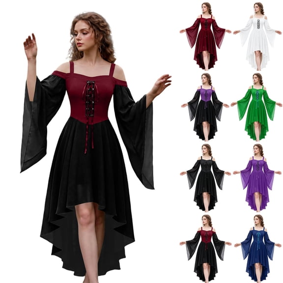 Witch Renaissance Costume Dress, Off Shoulder Gothic Witch High Low Dress, Flared Bell Sleeve Lace Up Renaissance Medieval Costume Dress for Halloween Cosplay Party, Deep Red L