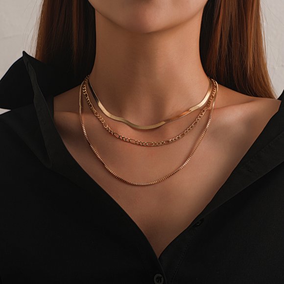 18k Yellow Gold Layered Necklace Punk Pop Cropped Necklace Jewelry Gift Box