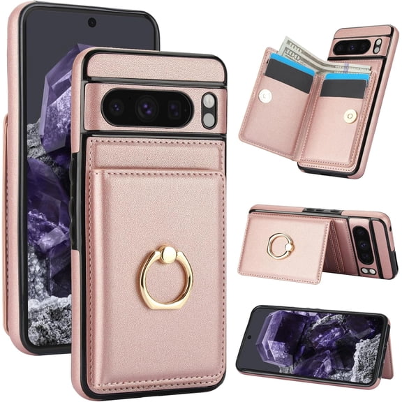 MYKOMI for Google Pixel 8 Pro Wallet Phone Case, Leather Case with Credit Card Holder and 360° Rotation Ring Stand, RFID Block Flip Leather Shockproof Cover