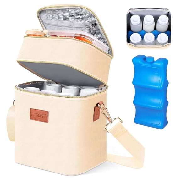 Breastmilk Cooler Bag Insulated with Ice Pack, Holds 6 Bottles Up to 9 Ounce, Waterproof Leak-Proof Double Layer Bottle Tote with Strap for Nursing & Working Moms Cream