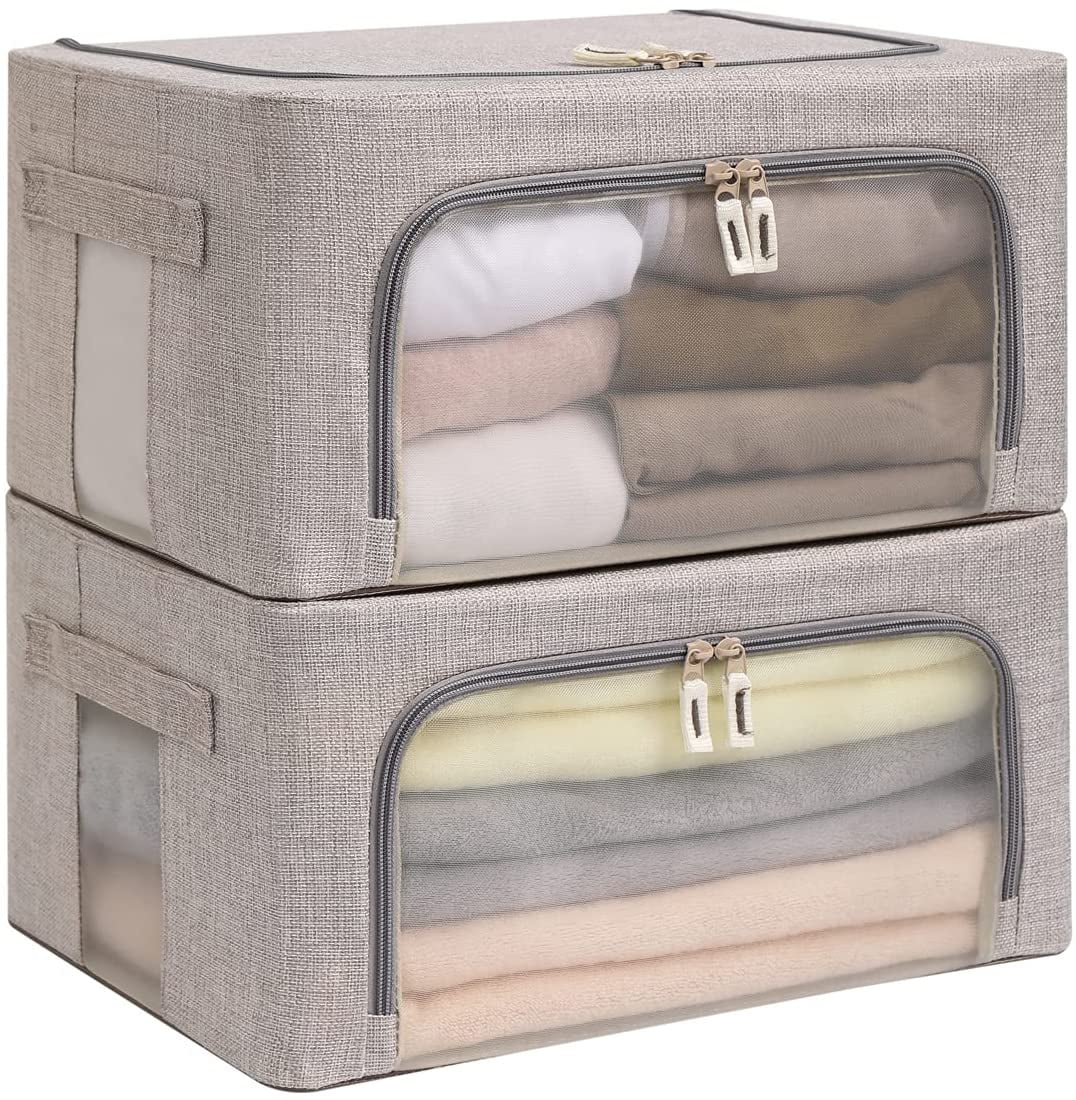 Foldable Mesh Window Storage Bins Light Grey, 19.7 x 16 x 13.7 Stackable Container Set Closet Organization 2-Pack Large Capacity Clothes Linen Fabric Storage Organizer with Carry Handles