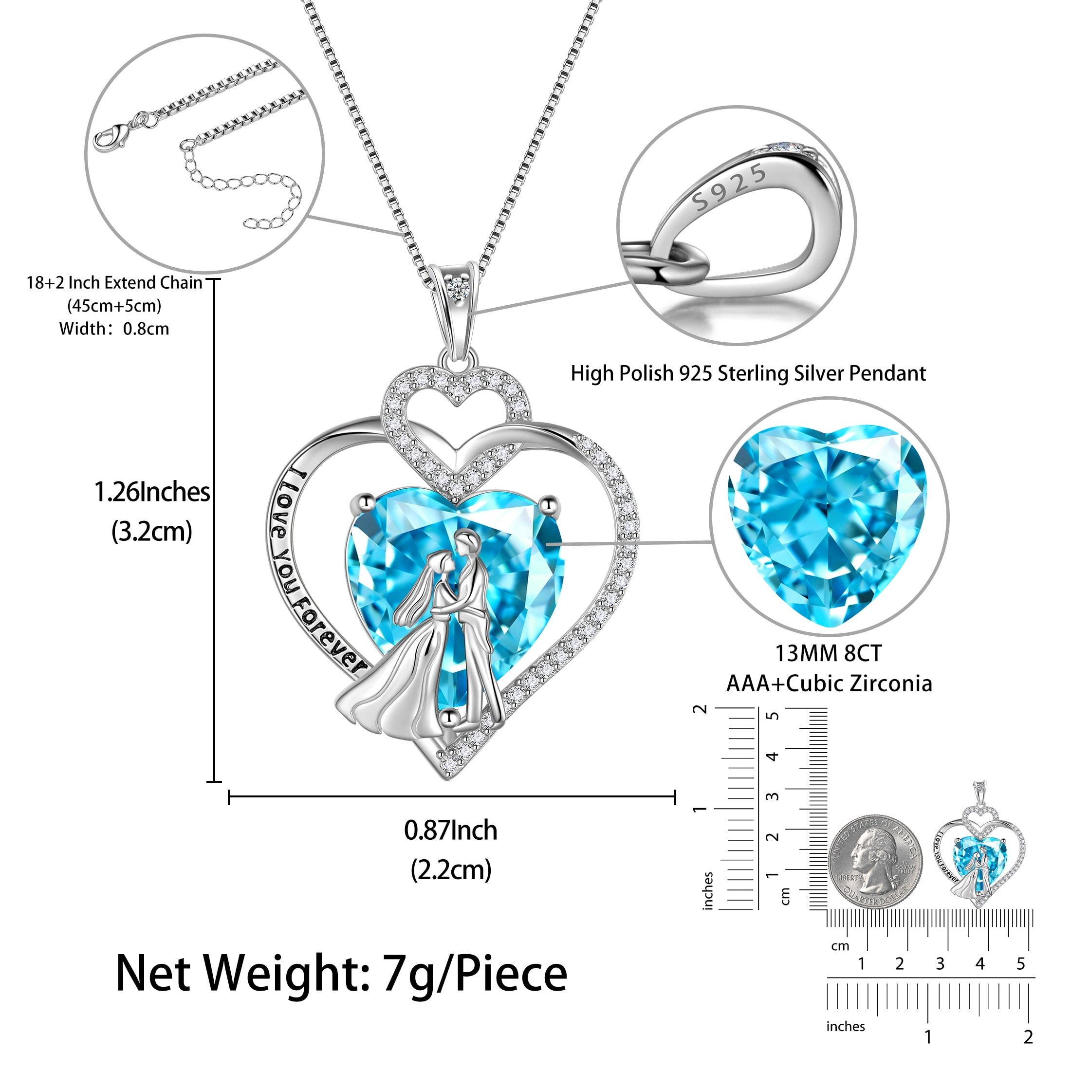 Juwaliy Couple Necklace for Women 925 Sterling Silver Heart March Birthstone Pendant Engraved I Love You Wedding Engagement Jewelry Valentines Day Gift for Wife Bride Her