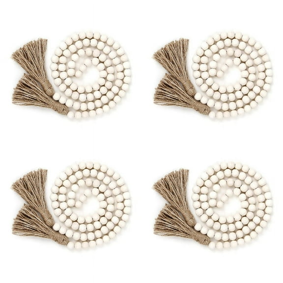 4X Wood Bead Garland with Tassels,Farmhouse Beads Rustic Country Decor Prayer Boho Beads Wall Hanging Wood Color