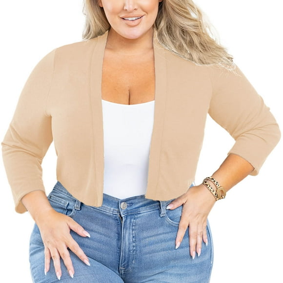 SHOWMALL Women Bolero Plus Size Lightweight 3/4 Sleeve Khaki 5X Cropped Cardigan Open Front Top Crocheted Knit Sweater Short Tops for Evening dresses