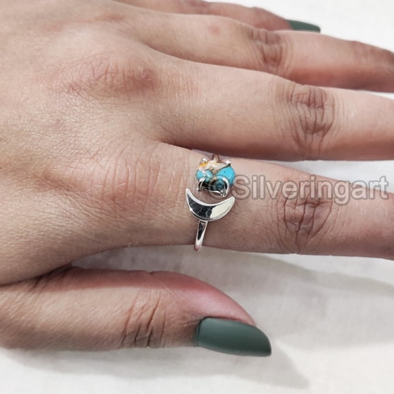 Natural Oyster Copper Turquoise Ring, Copper Turquoise Ring, December Birthstone, Crescent Moon Adjustable Ring, Toe Ring, 925 Sterling Silver, Womens Ring, Christmas, Handmade Statement Jewelry