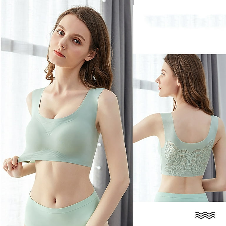 Qcmgmg No Wire Bras for Women Plus Size Push Up Sports Bras for Women Large  Bust Seamless Cute Bras Butterfly Back T-Shirt Bra No Underwire Green 3XL 
