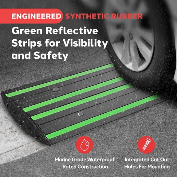 Pyle 8 ft. Rubber Curb Ramp Set, Pack of 2 Heavy Duty Non-Slip Threshold Ramps for Driveways, Garages, Sidewalks, Wheelchairs and Vehicle Access, Green Reflective Strips, 48.0āāx 16.0āā x 2.6āā Inch