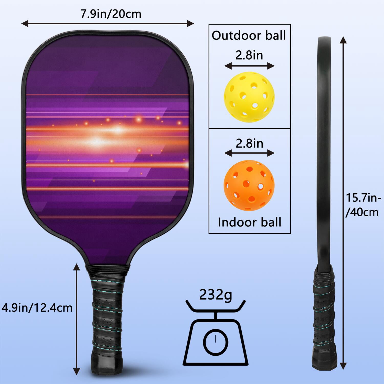 Pickleball Paddles Set Of 1, Fiberglass Surface, Speed, Lightning, Thunder Print, 1 Paddle, 2 Balls & Bag