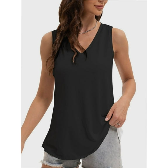 Women's V-Neck Sleeveless Tunic Top - Loose Fit Casual Tank with Curved Hem, Summer Comfort Wear