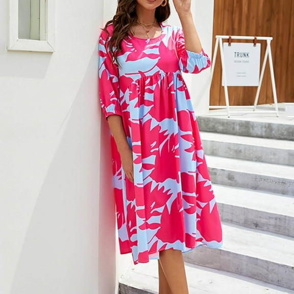 Lilgiuy Summer Sales Women's Summer Fashion Round Neck Short Sleeve Loose Large Size Dress