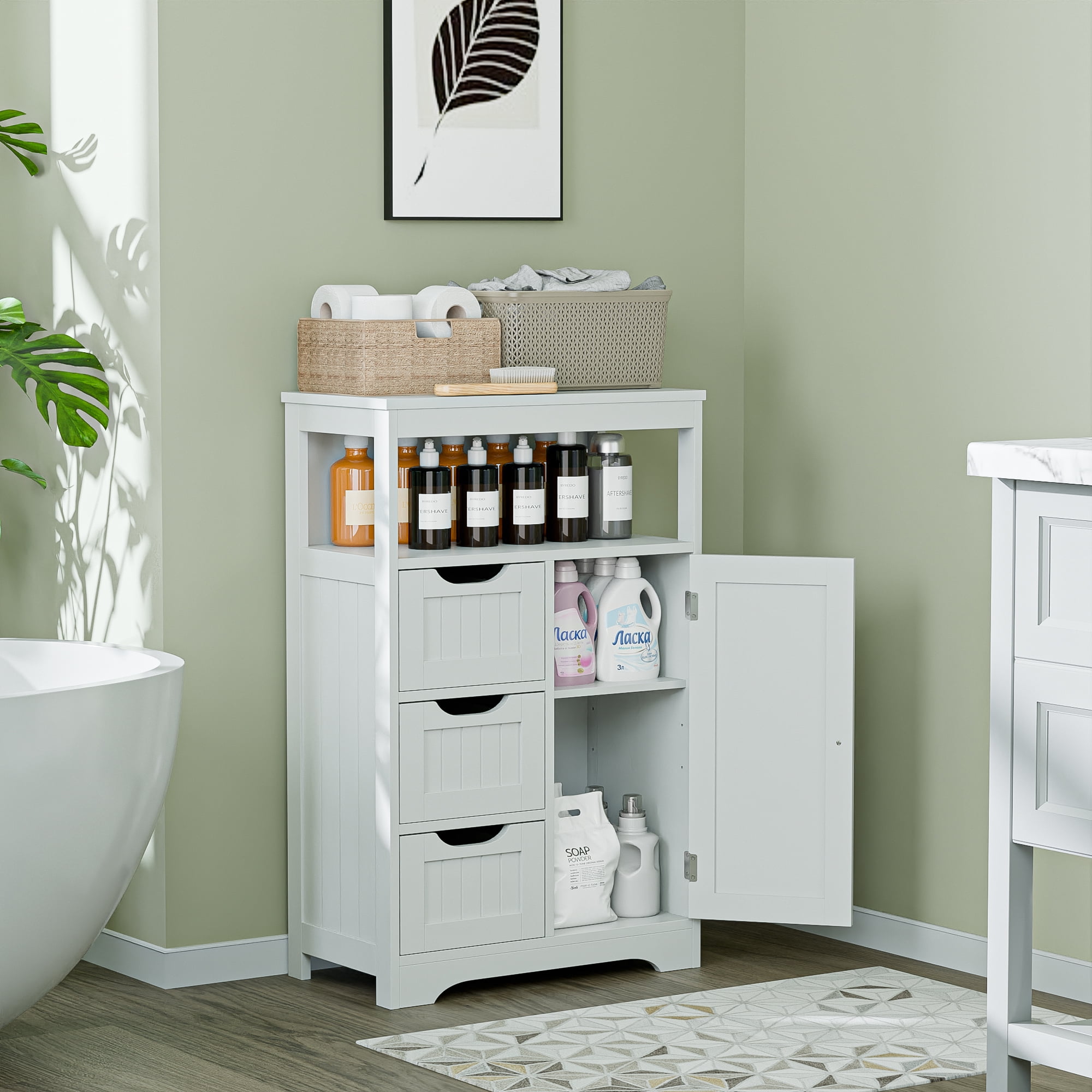 SuperDeal Bathroom Floor Cabinet Freestanding MDF Storage Organizer W/1 Door & 3 Drawers White