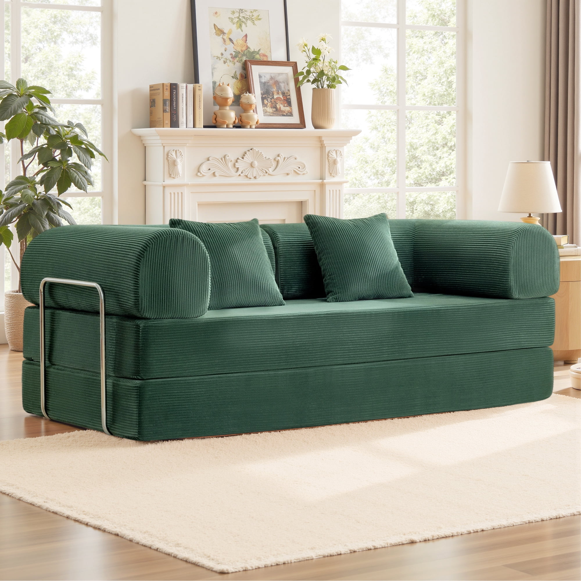 COOLHUT 78.7" W Combination Sofa, High Rebound Density Foam Sofa Couch, Two Forms Floor Couch Three Seats Sofa Bed for Living Room, Bedroom, Green