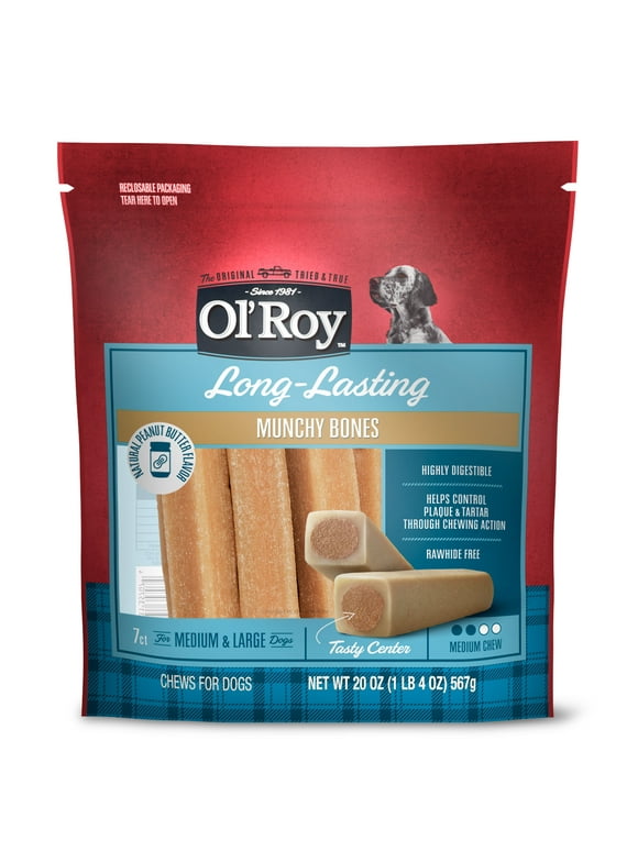 Ol' Roy Long-Lasting Natural Peanut Butter Flavor Munchy Bones Chews for Dogs, 7 Count, 20 oz