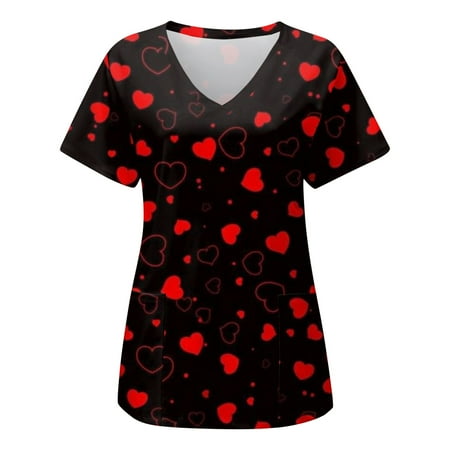 

Heart Printed Working Uniform Womens Casual Printed Short Sleeved Pocket V Neck T Shirt Short Sleeved Top Scrubs Uniform Nurses