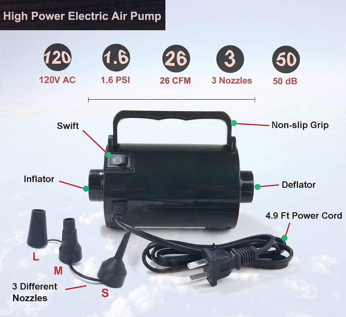 CISNO Electric Air Pump for Inflatables Air Mattress Toys Bed Lake Floats Rafts Pool Quick-Fill Portable Inflator/Deflator with 3 Nozzles 110V/150W 