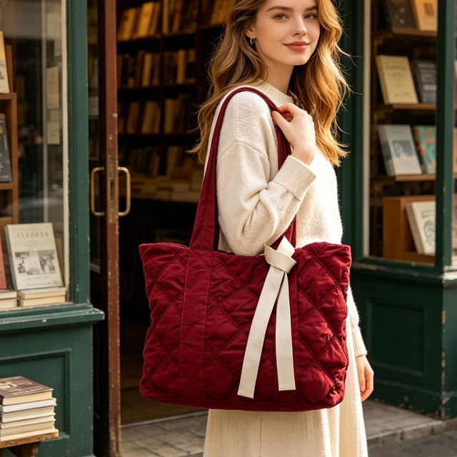 YiJuHui Quilted Down Shoulder Bag for Women, Large Capacity Tote Bag, Lightweight Nylon Work Purse, Commuter Laptop Bag, Casual Everyday Shoulder Bag with Zipper Pocket