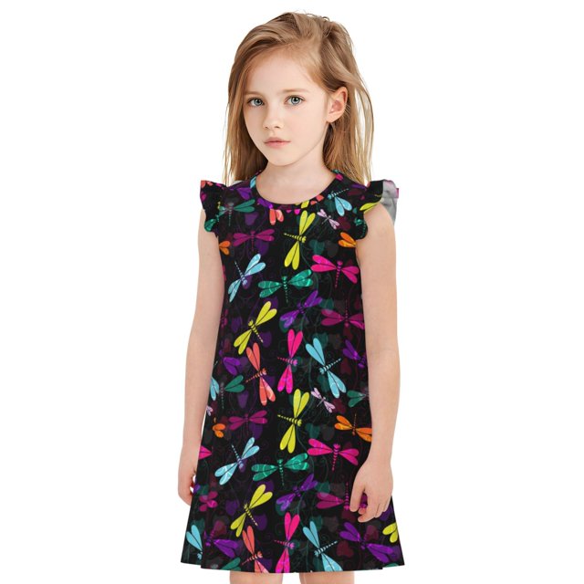 Balery Colorful Dragonflies Camisón de princesa para niñas, pijama de algodón con mangas abullonadas, suave y bonito.-Small