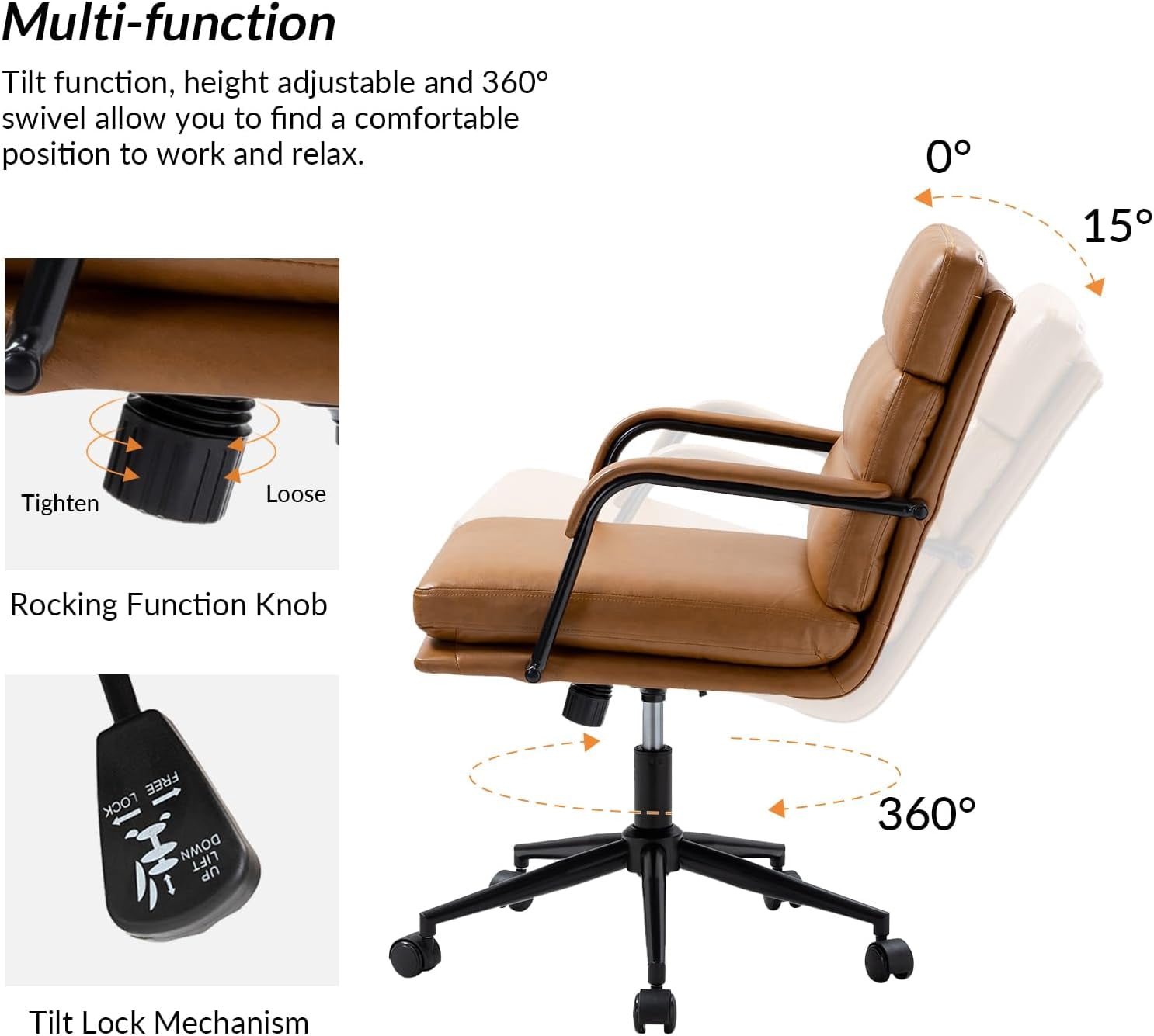 Faux Leather Home Office Chair, Swivel Task Desk Chair with Padded Cushion  Camel