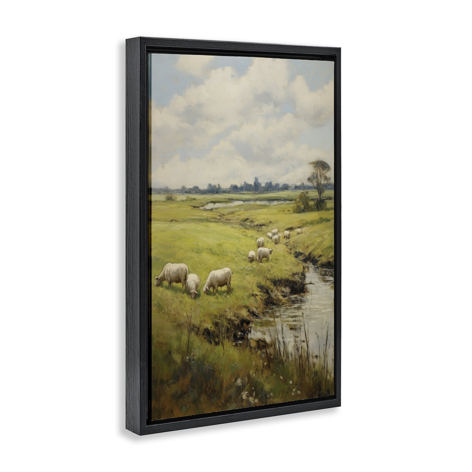 Stupell Industries Grazing Sheep Countryside Landscape Painting Black Floater Framed Canvas Art Print Wall Art, 17 x 25