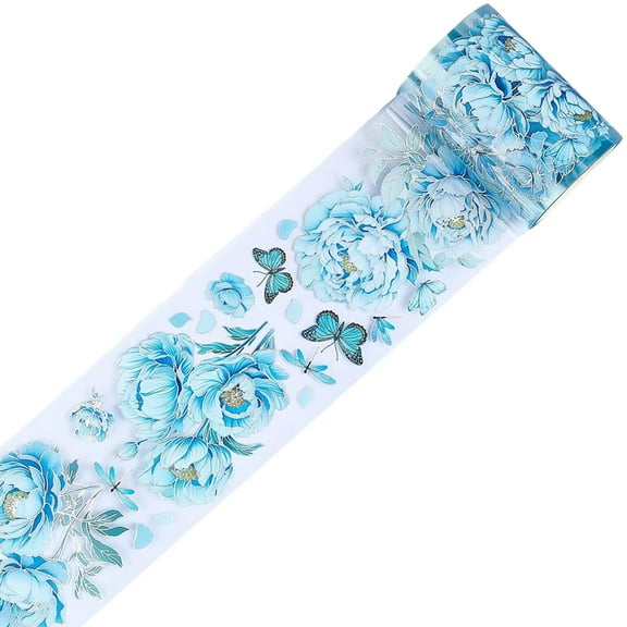 2.19Ydsx2.36In PET Tape Blue Peony Clear Flower Floral Journal Scrapbooking Decorative Stickers Original Vintage DIY Handbook Crafts Collage Gift Wraping for Diary Art Planner Supplies