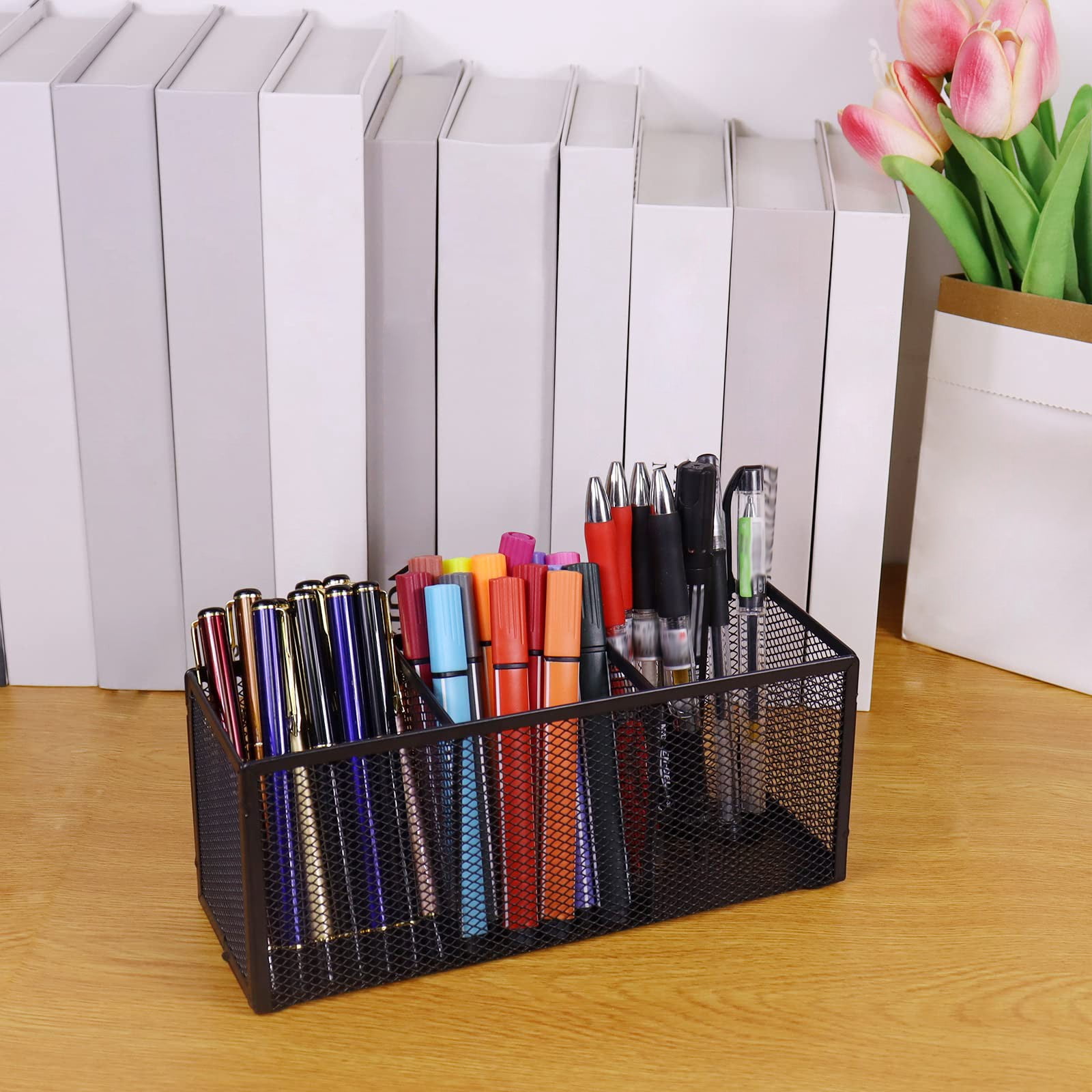 Piwvid Black Metal Mesh Desktop Pen Holder with 3 Compartments, Industrial Style Desk Organizer Stand, Compact Storage Caddy for Brushes Markers and Daily Office Stationery Supplies