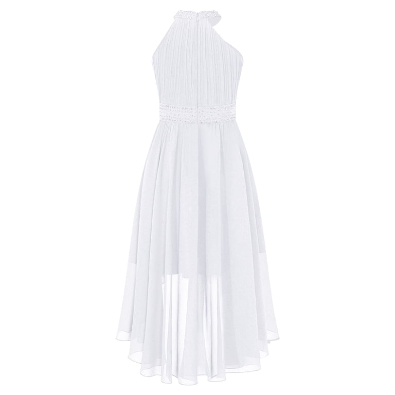 renvena Girls High Low Dress Halter Sleeveless Wedding Pageant Party Ruched  Chiffon Formal Flower Dress White 14 - Walmart.com