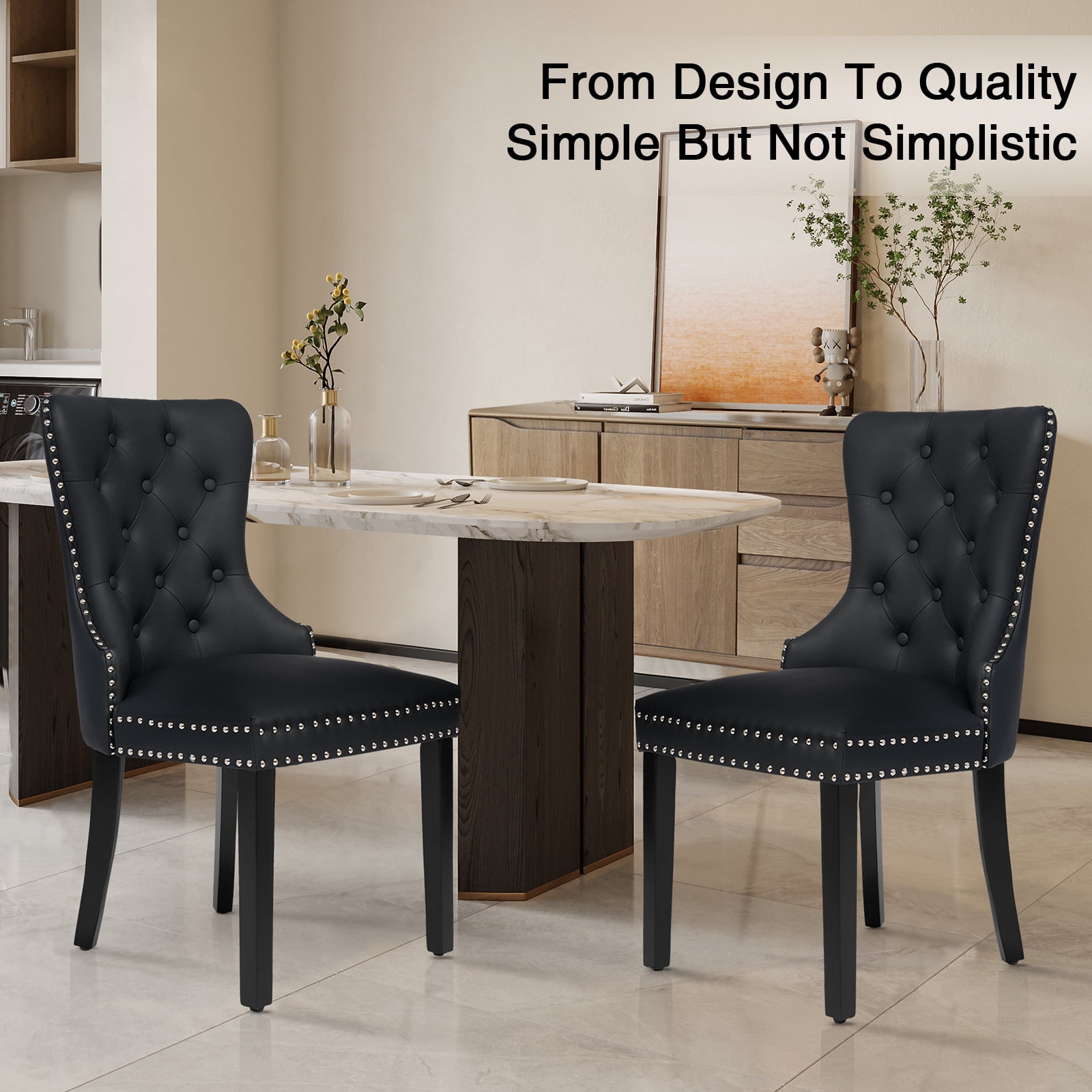 Foredo PU Leather Dining Chairs Set of 2, Tufted Upholstered Dining Room Chair with Pull Ring and Solid Wood Legs, Black