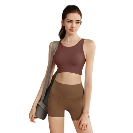 XDDLITP Women High Support Sports Bras Criss Cross Padded Strappy Tops Yoga Workout Fitness Yoga Seamless Sports Bra Scoop Neck Medium-High Support Outfits With Fixed Cup Brown S