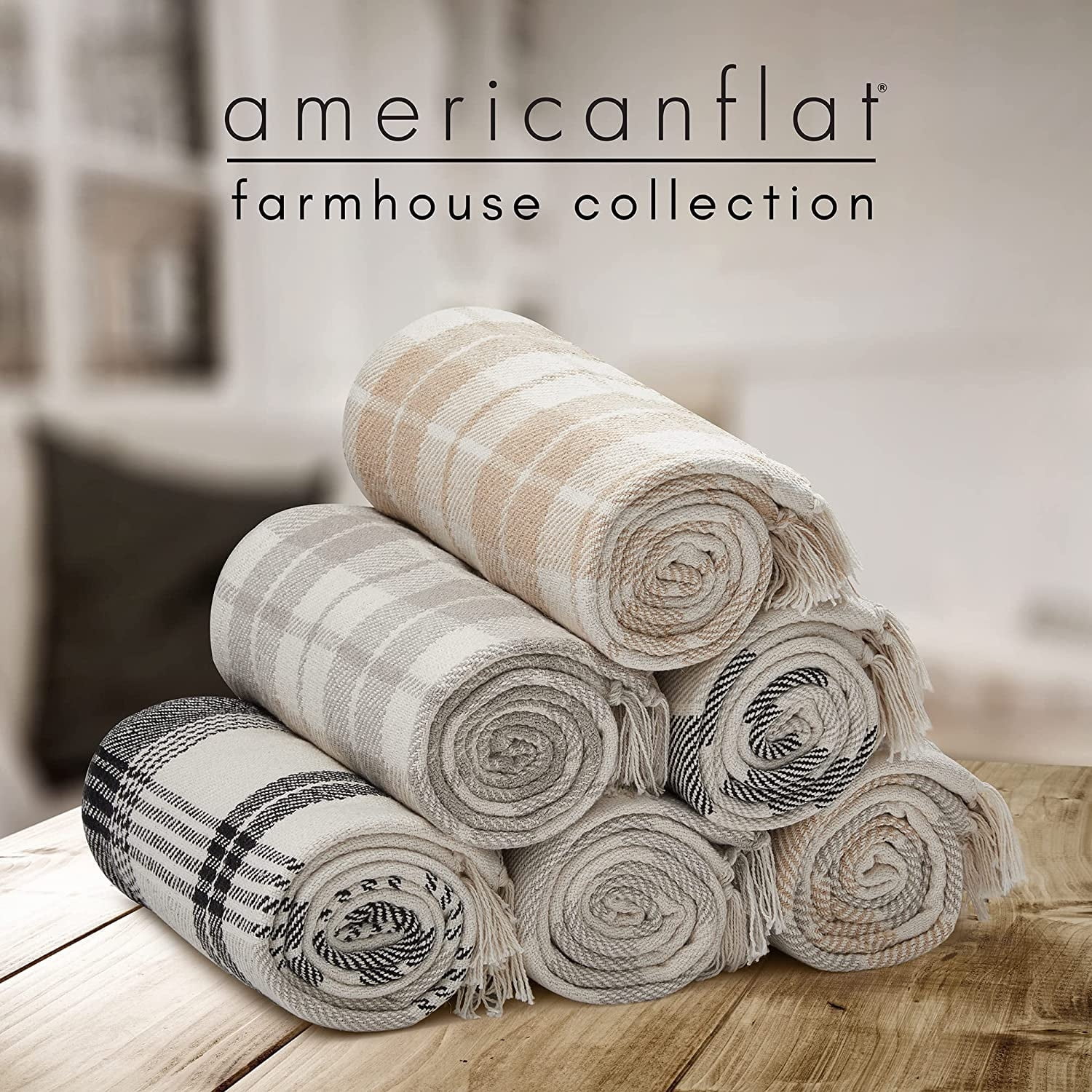 Americanflat 50x60 Throw Blanket, 100% Cotton with Fringe, Ecru Camel Plaid, all seasons blanket